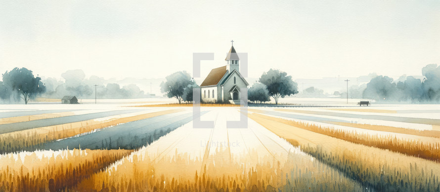 Watercolor painting of a little church in the Countryside