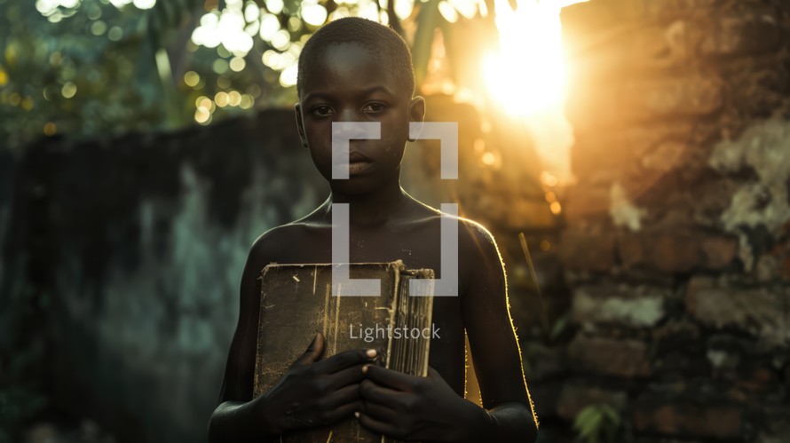 Close-up of a young African child with the Holy Bible.