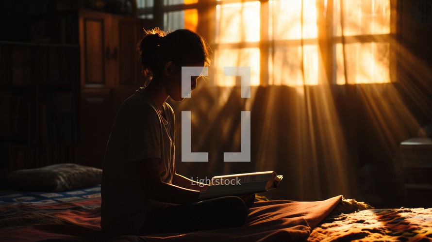Young woman reading the Bible at home in the sunset light.