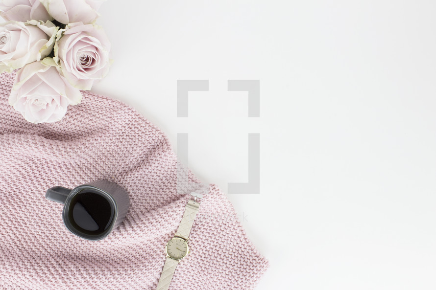 pink flowers, vase, coffee, pink scarf, watch, white background 