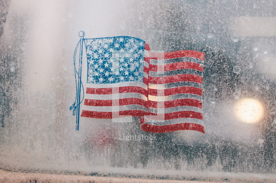 American flag sticker on frosted glass 