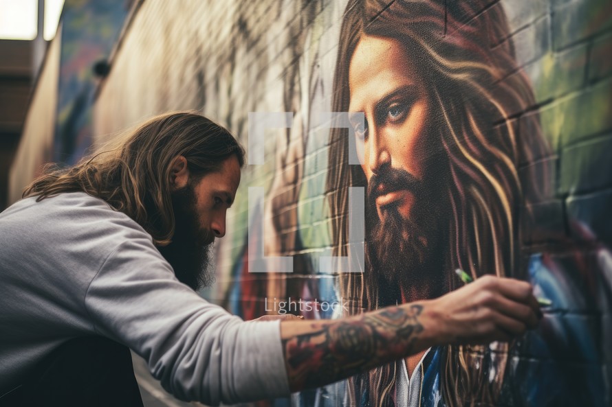 Street artist painting a portrait of Jesus Christ in front of a wall