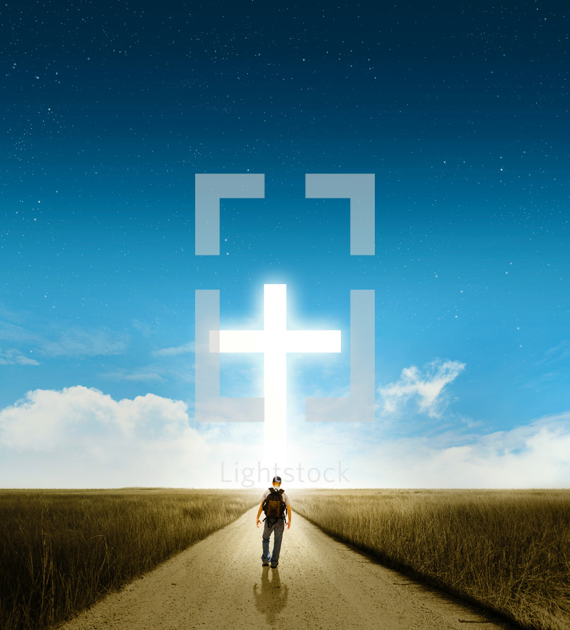 man on a spiritual journey walking down a dirt road towards a cross glowing in the sky