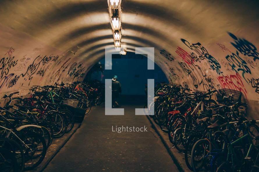 bikes parked in a tunnel 