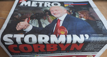 LONDON, UK - CIRCA JUNE 2017: Jeremy Corbin on the front page of newspapers on the day after the general elections which resulted in a hung parliament
