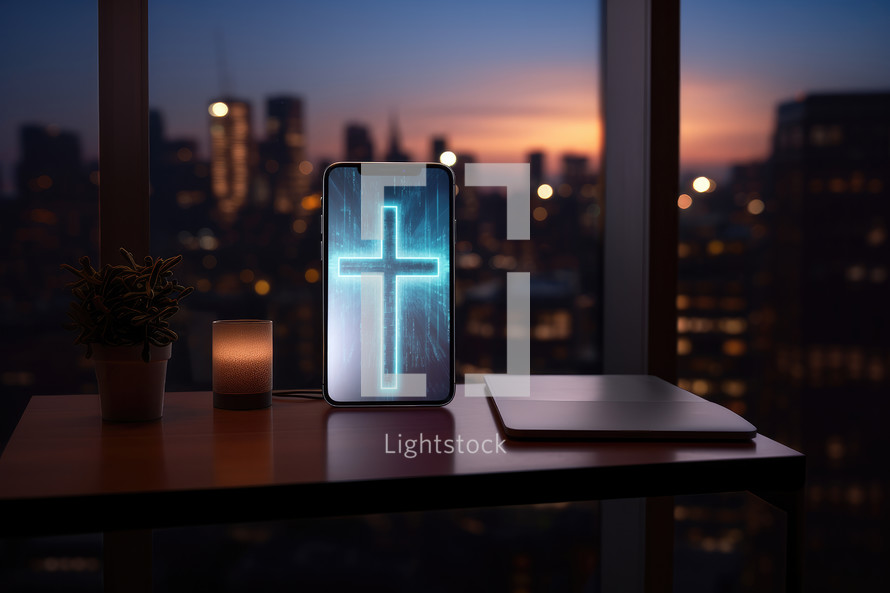 Cross icon on smart phone screen at night. Religion concept. 3D rendering.