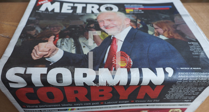 LONDON, UK - CIRCA JUNE 2017: Jeremy Corbin on the front page of newspapers on the day after the general elections which resulted in a hung parliament