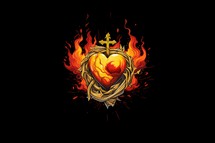 The Sacred Heart, a crown of thorns in the shape of a heart on fire background