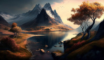 Ethereal landscape with river and mountains.