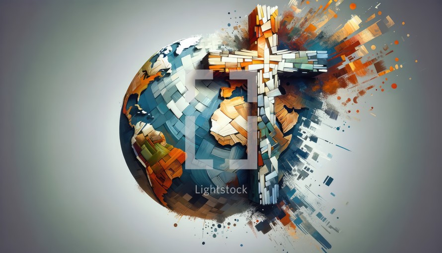 Religious global mission: Spreading the word. Colorful 3D rendering of a cross in the shape of a globe.	