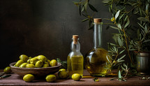 Olives, olive oil bottles, and various ingredients, inspiring culinary creativity with olive oil.