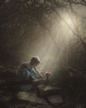 a toddler reaching for flowers under rays of sunlight along a forest path 