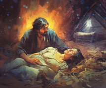 Joseph and Mary in the stable before Jesus is born