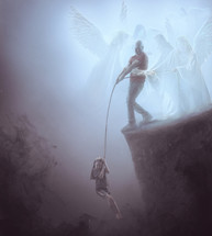 A man struggles to help his child from a cliff, while glowing angels are helping him.