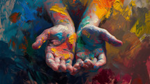 Rough colorful painting texture of hands created with with oil brushstroke. Background illustration.