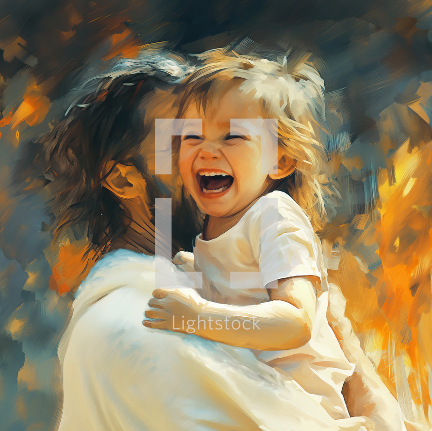 Jesus embraces a smiling child in heaven