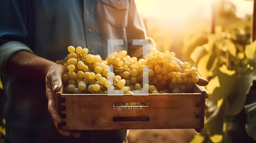 Farmer with a wooden box full of yellow grapes