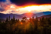mountain forest landscape at sunset