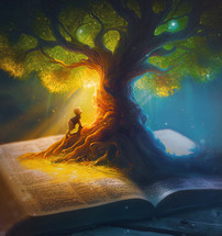 Small child climbing a tree growing out of the Bible