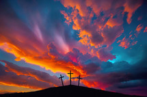 Three crosses on a hill in front of a vibrant sunset with clouds