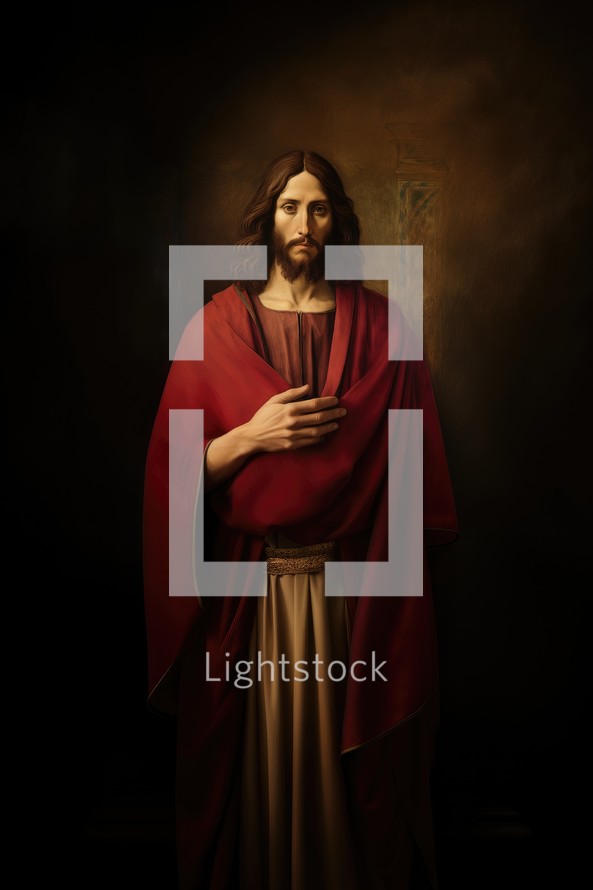 Portrait of Jesus Christ in red robe with cross on dark background