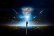 Silhouette of a man standing in front of a futuristic portal. Futuristic background