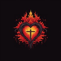 The Sacred Heart, a cross in the shape of a heart with fire flames. Vector illustration.