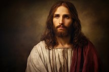 Portrait of Jesus Christ with red scarlet cape on dark background