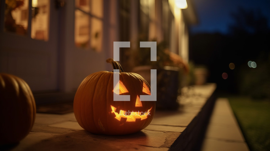 Jack-o-lantern carved pumpkin on a front porch. 