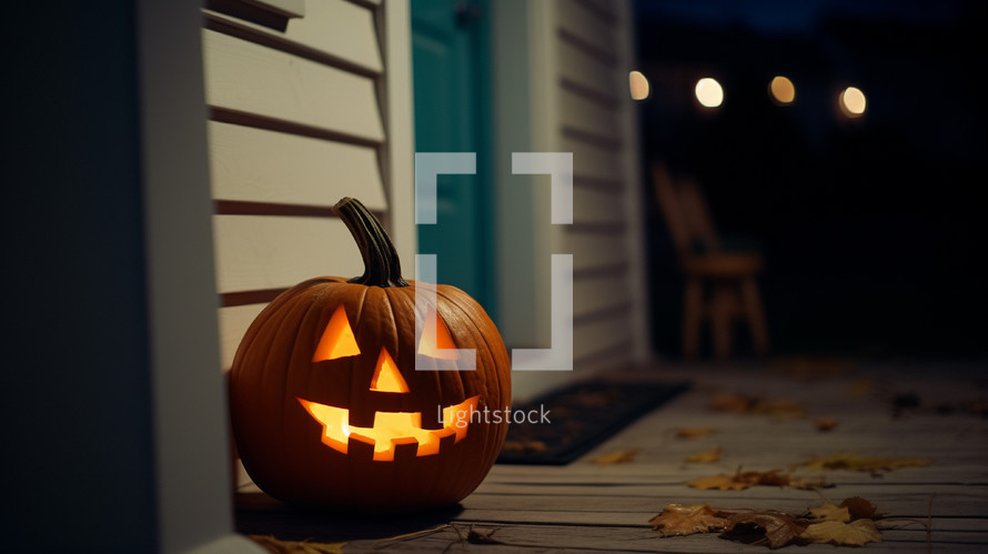 Jack-o-lantern carved pumpkin on a front porch. 