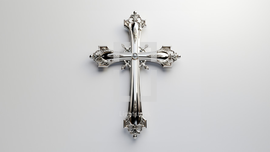 Silver cross jewelry with diamonds set against a white background. 