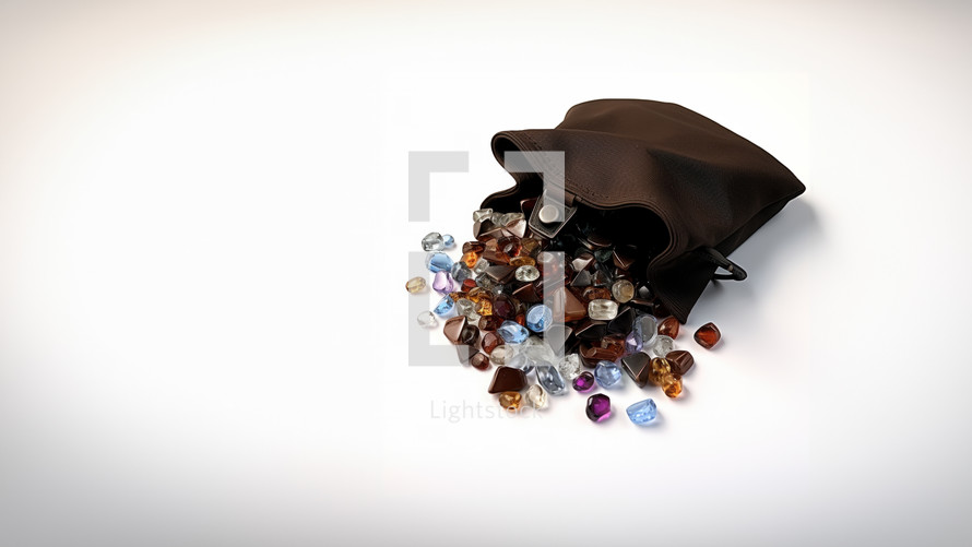 A leather pouch full of colorful gems and small diamonds. Set in a studio setting. 