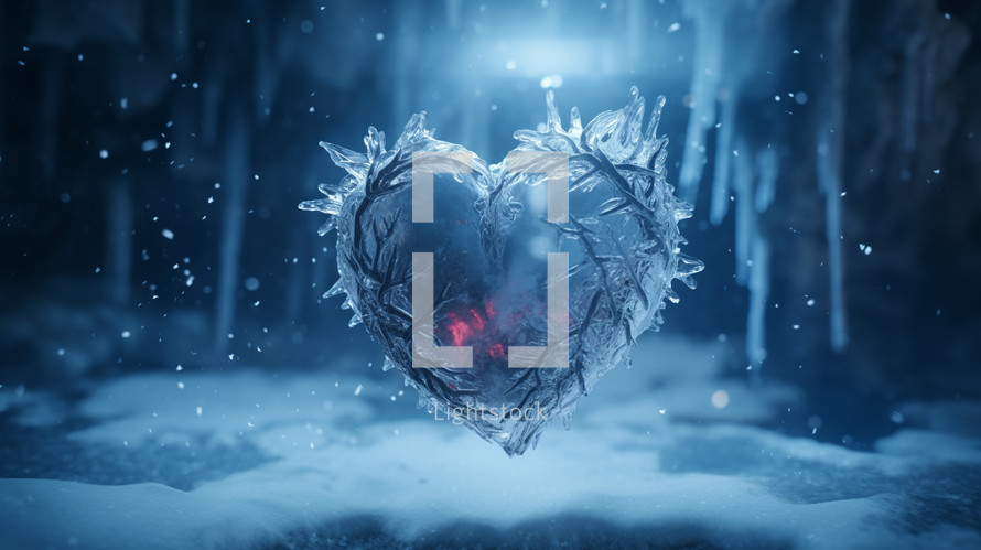 Frozen red heart on ice with glowing inside. 