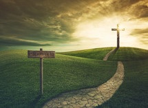 redemption sign and a path to a cross