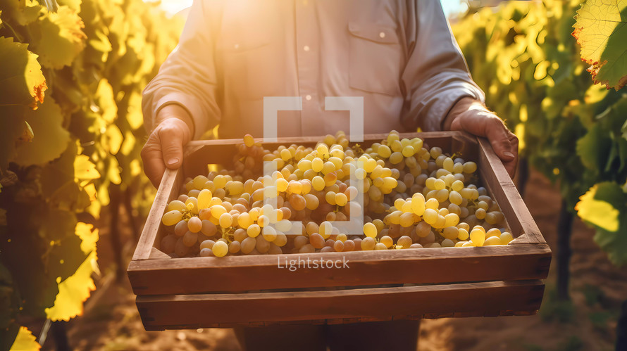 Farmer with a wooden box full of yellow grapes