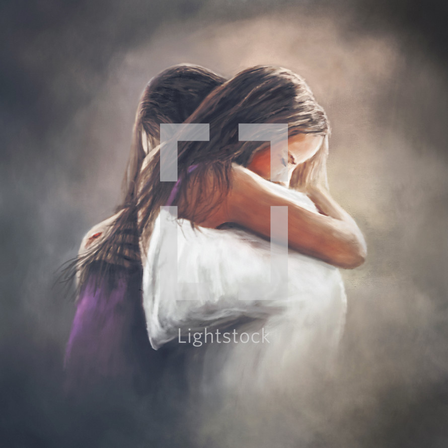 A digital painting showing the embrace between a young woman and Jesus.