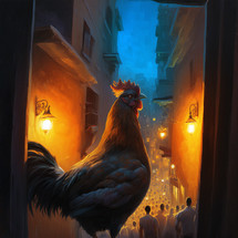 Rooster in an illustrated alley full of people