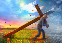 Man carrying a cross through the seasons