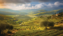 Terraced olive orchards, serene beauty of olive oil cultivation