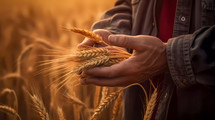 Farmer's hand over yellow ears of wheat