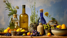 Arrangement of olive oil bottles and various ingredients