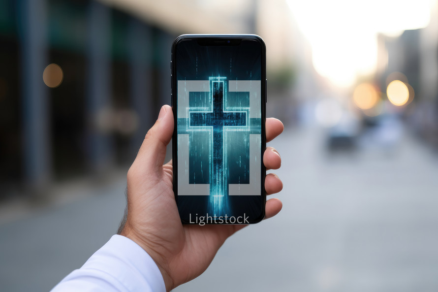Male hand holding smartphone with christian cross on screen over blur background