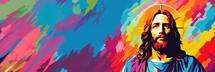 Jesus Christ on abstract colorful background. Vector illustration for your design with copy space