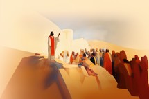 Illustration of Jesus Christ at the top of the mountain preaching to a crowd of people