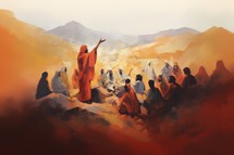 Jesus preaching in the mountains. Illustration in oil painting style