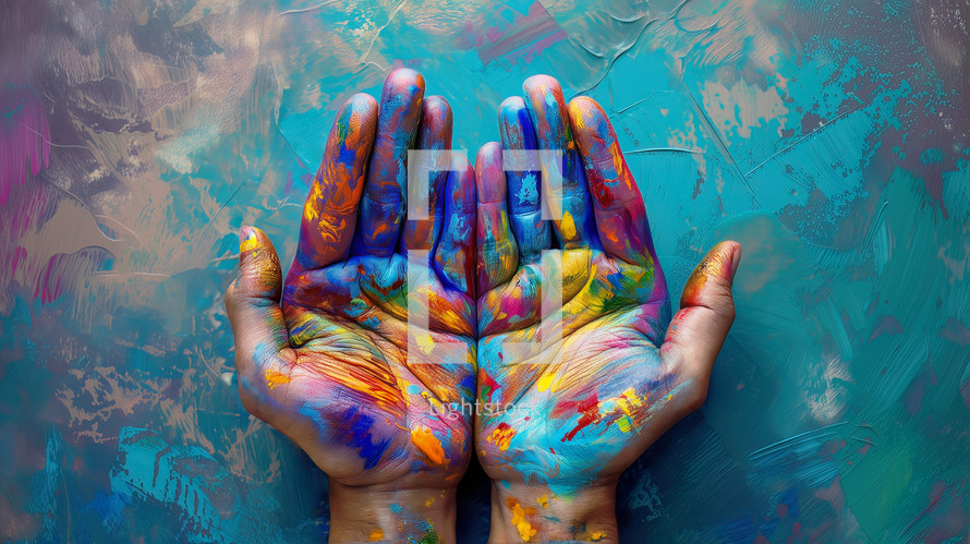 Colorful creative hands open in prayer