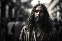 Portrait of Jesus Christ in the city. Black and white.