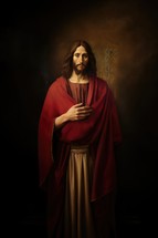 Portrait of Jesus Christ in red robe with cross on dark background