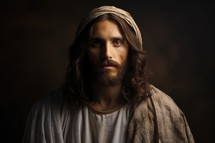 Portrait of Jesus Christ on dark background, looking at camera.