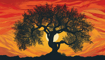 Olive Oil tree art representation with sunset sky. AI Generative
